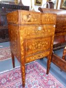 AN ANTIQUE DUTCH MARQUETRY INLAID LIFT TOP WASHSTAND CABINET OF NEOCLASSIC DESIGN, CUPBOARD ABOVE