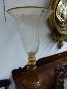 A LARGE PAIR OF ITALIAN VENETIAN STYLE TRUMPET FORM VASES, AMBER TO CLEAR MOULDED GLASS WITH GOLD