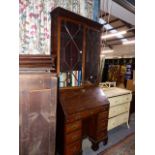 A GEO.III.MAHOGANY BUREAU BOOKCASE WITH GLAZED DOORS OVER FALL FRONT AND KNEEHOLE BASE FITTED WITH