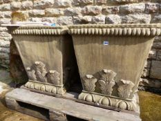 A PAIR OF LARGE STONEWARE POTTERY SQUARE FORM GARDEN PLANTERS WITH LEAF DECORATION.