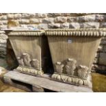 A PAIR OF LARGE STONEWARE POTTERY SQUARE FORM GARDEN PLANTERS WITH LEAF DECORATION.