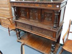 AN 18th.C.OAK AND INLAID DUODARN WITH TWIN DOORS OVER CENTRAL FRIEZE DRAWER AND POTBOARD BASE. W.129