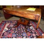 AN EARLY 19th.C.MAHOGANY SOFA TABLE ON CARVED COLUMN AND SCROLL QUADROPED LEGS.