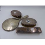 A HALLMARKED SILVER DRESSING TABLE MIRROR, TWO SILVER MOUNTED BRUSHES, ETC.
