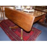 AN EARLY 19th.C.MAHOGANY PEMBROKE TABLE ON COLUMN SUPPORT, QUADROPED SPLAY LEGS AND BRASS CASTORS.