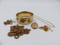 THREE 9ct GOLD CHAINS. APPROXIMATE WEIGHT 19grms. TOGETHER WITH A 9ct HINGED METAL CORE BANGLE,AND