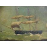 EARLY 19th.C.ENGLISH SCHOOL. TWO MARINE VIEWS OF WARSHIPS IN STORMY SEAS, OIL ON CANVAS. 25 x 33cms.