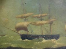 EARLY 19th.C.ENGLISH SCHOOL. TWO MARINE VIEWS OF WARSHIPS IN STORMY SEAS, OIL ON CANVAS. 25 x 33cms.