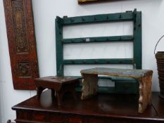 A RUSTIC PAINTED PINE KITCHEN RACK AND TWO STOOLS.