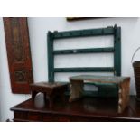 A RUSTIC PAINTED PINE KITCHEN RACK AND TWO STOOLS.