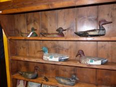 A GROUP OF SEVEN HAND CARVED POLYCHROME DECORATED BIRD DECOYS.