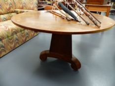 A 19th.C.BRASS INLAID ROSEWOOD CIRCULAR TOP CENTRE TABLE WITH TAPERED TRIANGULAR PEDESTAL AND SCROLL