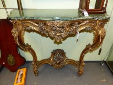 AN ANTIQUE FRENCH CARVED GILTWOOD LOUIS XV STYLE CONSOLE TABLE WITH MOULDED EDGE, SERPENTINE FORM