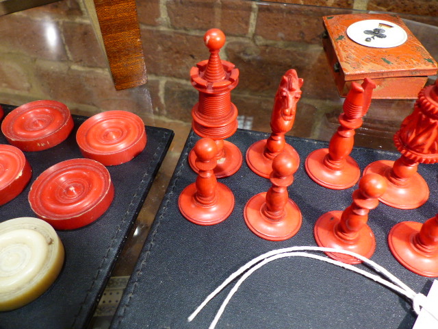 THREE ANTIQUE CARVED AND STAINED IVORY AND BONE BOARD GAME PIECES, TWO CHESS SETS AND A SET OF - Image 24 of 86