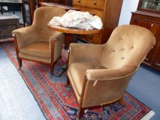 A PAIR OF INLAID MAHOGANY EDWARDIAN TUB FORM ARMCHAIRS.