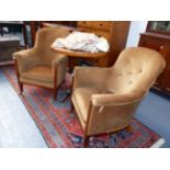 A PAIR OF INLAID MAHOGANY EDWARDIAN TUB FORM ARMCHAIRS.