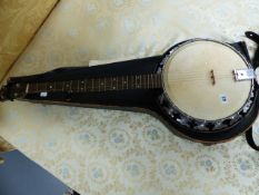 A MELODY-JO FIVE STRING BANJO IN CASE.