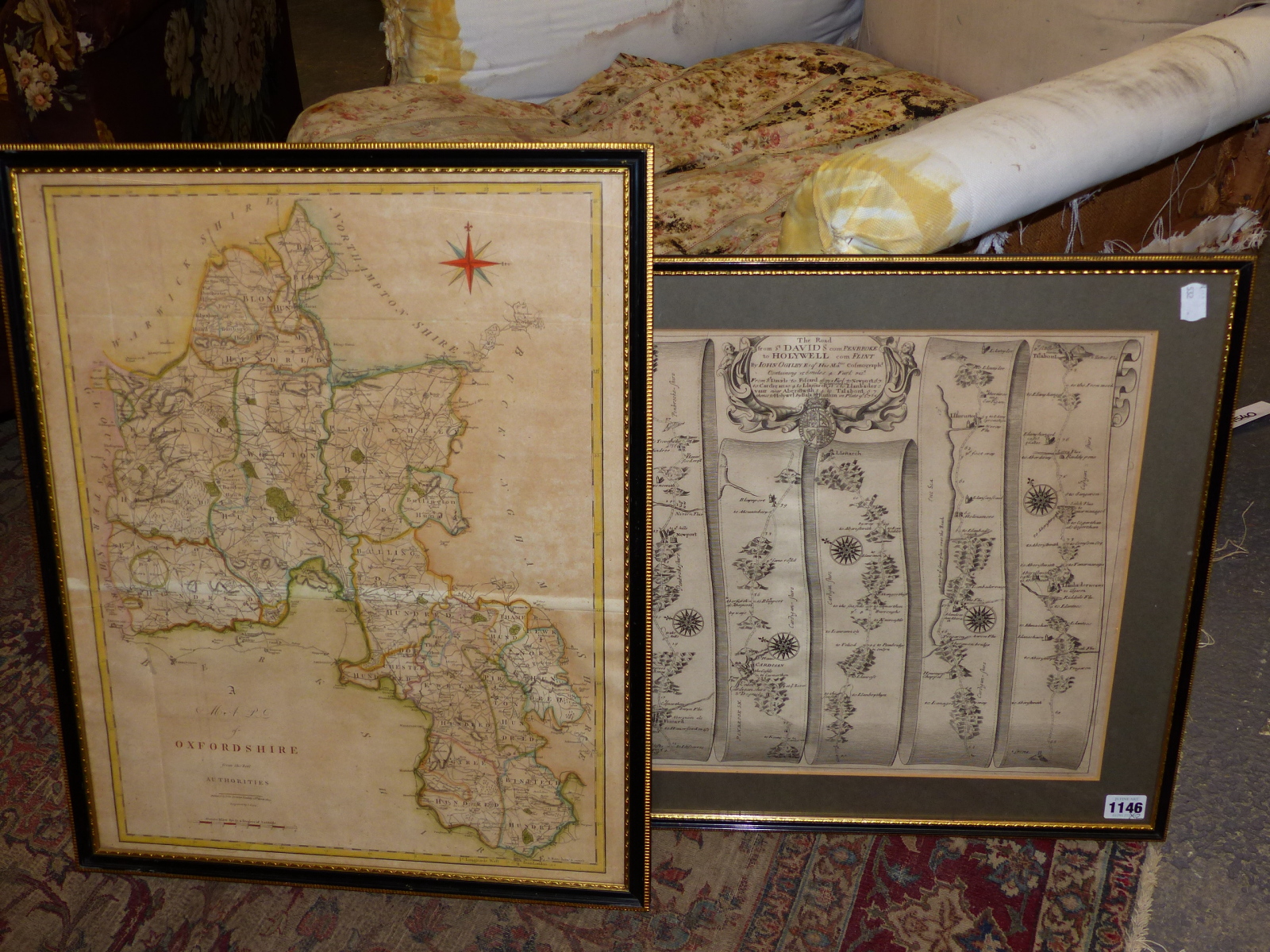AN 18th.C.JOHN OGILBY STRIP MAP, St.DAVIDS COM PEMBROKE TO HOLYWELL COM FLINT. 36 x 46cms AND A HAND