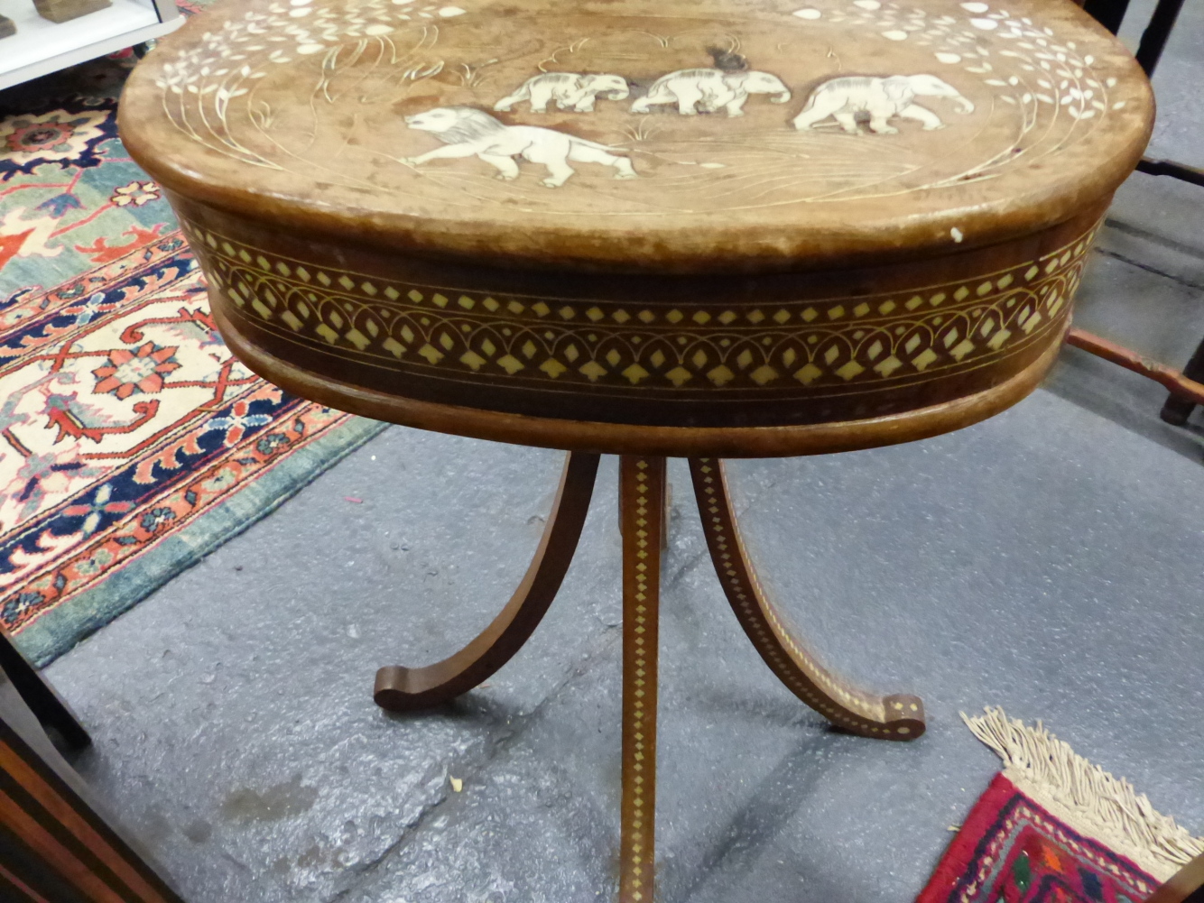 AN INDO PERSIAN INLAID HARDWOOD DRESSING MIRROR ON STAND, ALL OVER BANDED DECORATION WITH ANIMAL AND - Image 16 of 25