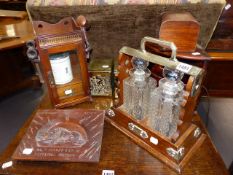 A LATE VICTORIAN TWO BOTTLE TANTALUS, A SMOKER'S CABINET,ETC.