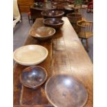 A GROUP OF SIX 18th AND 19th.C. TURNED ELM AND SYCAMORE KITCHEN BOWLS. LARGEST D.50cms