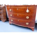 A GOOD LATE GEORGIAN MAHOGANY BOW FRONT CHEST OF THREE LONG GRADUATED DRAWERS WITH FELT LINED
