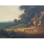 19th.C.ENGLISH SCHOOL. A TIMBERED COTTAGE BY A POND IN A WOODED LANDSCAPE, OIL ON CANVAS. 78 x