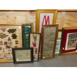 A GROUP OF VARIOUS FRAMED ANTIQUE NEEDLEPOINT AND LACE PATTERN SAMPLES,ETC.