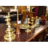 TWO 18th.C.BRASS CANDLESTICKS, A HUNTING HORN, A SKIMMER AND OTHER ITEMS. (QTY)