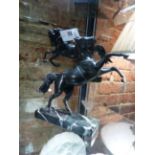 TWO ITALIAN GRAND TOUR BRONZE FIGURES OF PRANCING HORSES ON LATER MARBLE BASES. OVERALL H.24cms