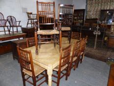 A GOOD GROUP OF TEN 19th.C.AND LATER OAK LANCASHIRE SPINDLE BACK DINING CHAIRS WITH RUSH SEATS TO