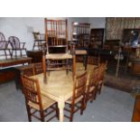 A GOOD GROUP OF TEN 19th.C.AND LATER OAK LANCASHIRE SPINDLE BACK DINING CHAIRS WITH RUSH SEATS TO