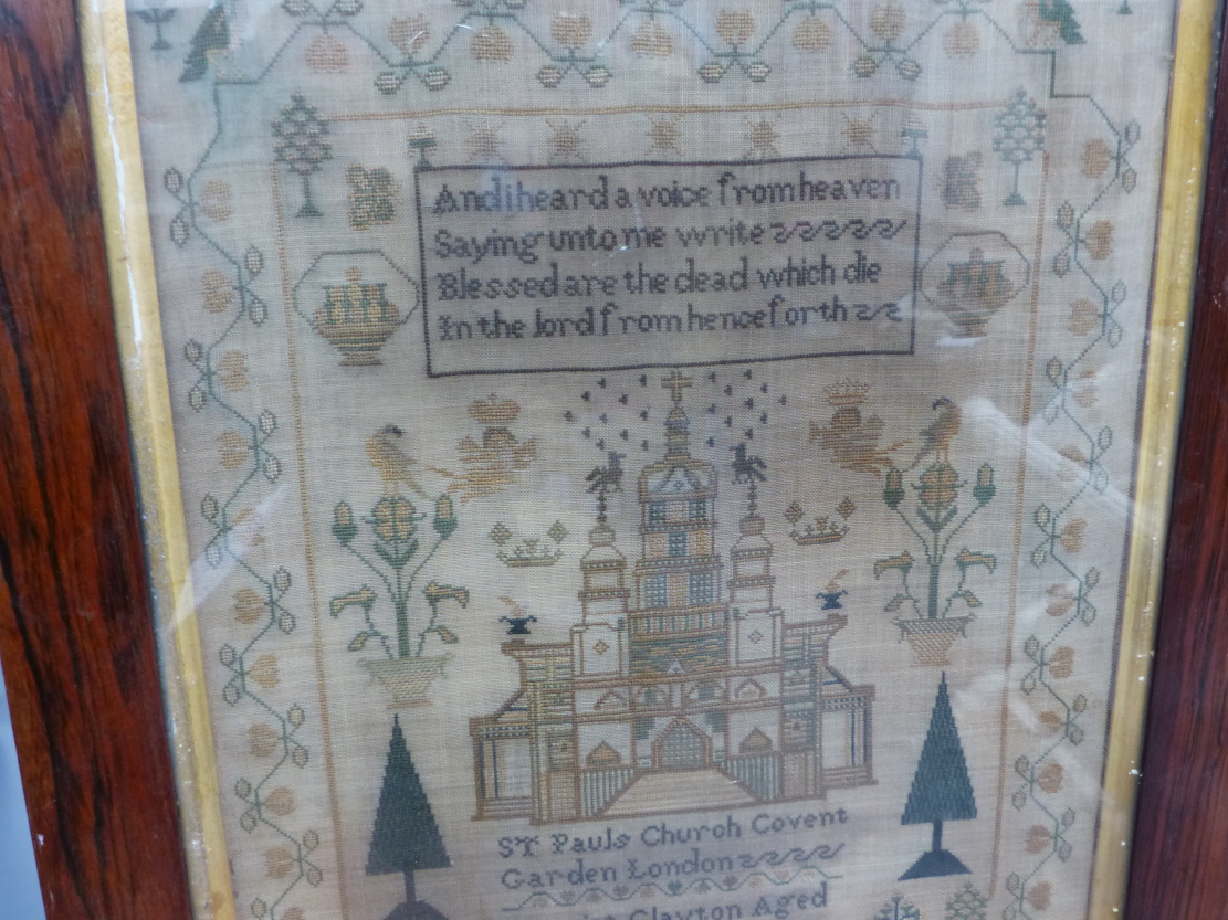 A VICTORIAN NEEDLEPOINT SAMPLER WITH A SCENE OF ST.PAUL'S CHURCH, COVENT GARDEN BELOW VERSE WITH - Image 5 of 9