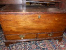 AN 18th/19th.C.ELM BLANKET CHEST WITH TWO DRAWERS RAISED ON BRACKET FEET. W.105cms.