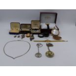 A 9ct. GOLD GEM SET BROOCH TOGETHER WITH VARIOUS TIMEPIECES, SILVER JEWELLERY, ETC.