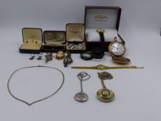 A 9ct. GOLD GEM SET BROOCH TOGETHER WITH VARIOUS TIMEPIECES, SILVER JEWELLERY, ETC.