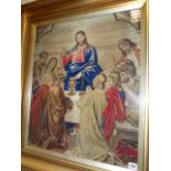 A LARGE GILT FRAMED VICTORIAN NEEDLEPOINT PICTURE OF CHRIST AND FOLLOWERS. OVERALL 90 x 80cms.