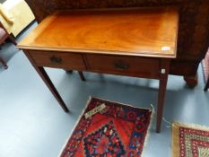 A VICTORIAN MAHOGANY SIDE TABLE WITH TWO DRAWERS. W.87cms.