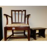 A 19th.C.MAHOGANY CHILD'S OR DOLL'S ARMCHAIR TOGETHER WITH A SMALL COUNTRY STOOL.