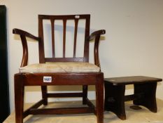 A 19th.C.MAHOGANY CHILD'S OR DOLL'S ARMCHAIR TOGETHER WITH A SMALL COUNTRY STOOL.