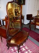 AN EARLY 20th.C.MAHOGANY LOW DRESSING TABLE WITH LARGE SWING MIRROR.