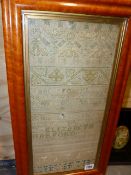 AN UNUSUAL EARLY 18th.C.SILK AND LINEN ALPHABET SAMPLER BY ELIZABETH HARFORD 1701 IN A MAPLE