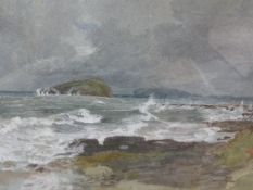 ATTRIBUTED TO JOSHUA CRISTALL (1767-1847) A COAST SCENE NEAR PENMON, ANGLESEY, WATERCOLOUR. 28 x