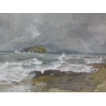 ATTRIBUTED TO JOSHUA CRISTALL (1767-1847) A COAST SCENE NEAR PENMON, ANGLESEY, WATERCOLOUR. 28 x