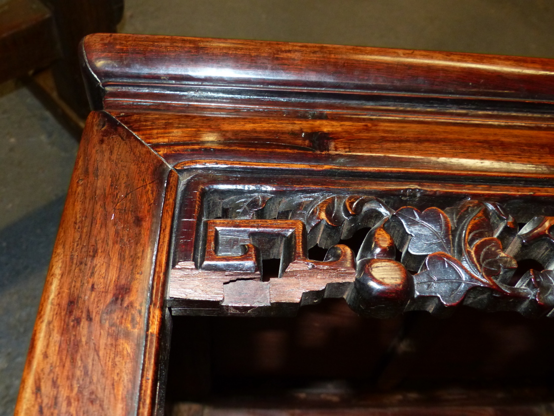 TWO CHINESE CARVED HARDWOOD SQUARE STANDS WITH PIERCED FOLIATE APRONS AND MOULDED STRAIGHT LEGS. - Image 13 of 17