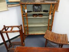 THREE PIECES OF EDWARDIAN BAMBOO FURNITURE, A BOOKCASE, STICKSTAND AND A STOOL.