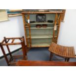 THREE PIECES OF EDWARDIAN BAMBOO FURNITURE, A BOOKCASE, STICKSTAND AND A STOOL.