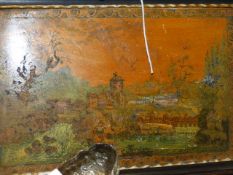 A PAIR OF ANTIQUE CONTINENTAL POLYCHROME LANDSCAPE SCENES ON PANEL OF RURAL VILLAGES IN EBONISED