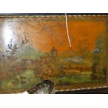 A PAIR OF ANTIQUE CONTINENTAL POLYCHROME LANDSCAPE SCENES ON PANEL OF RURAL VILLAGES IN EBONISED