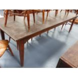 A LARGE FRENCH FARMHOUSE REFECTORY TABLE ON SQUARE TAPERED LEGS WITH END DRAWER. 272 x 86cms.